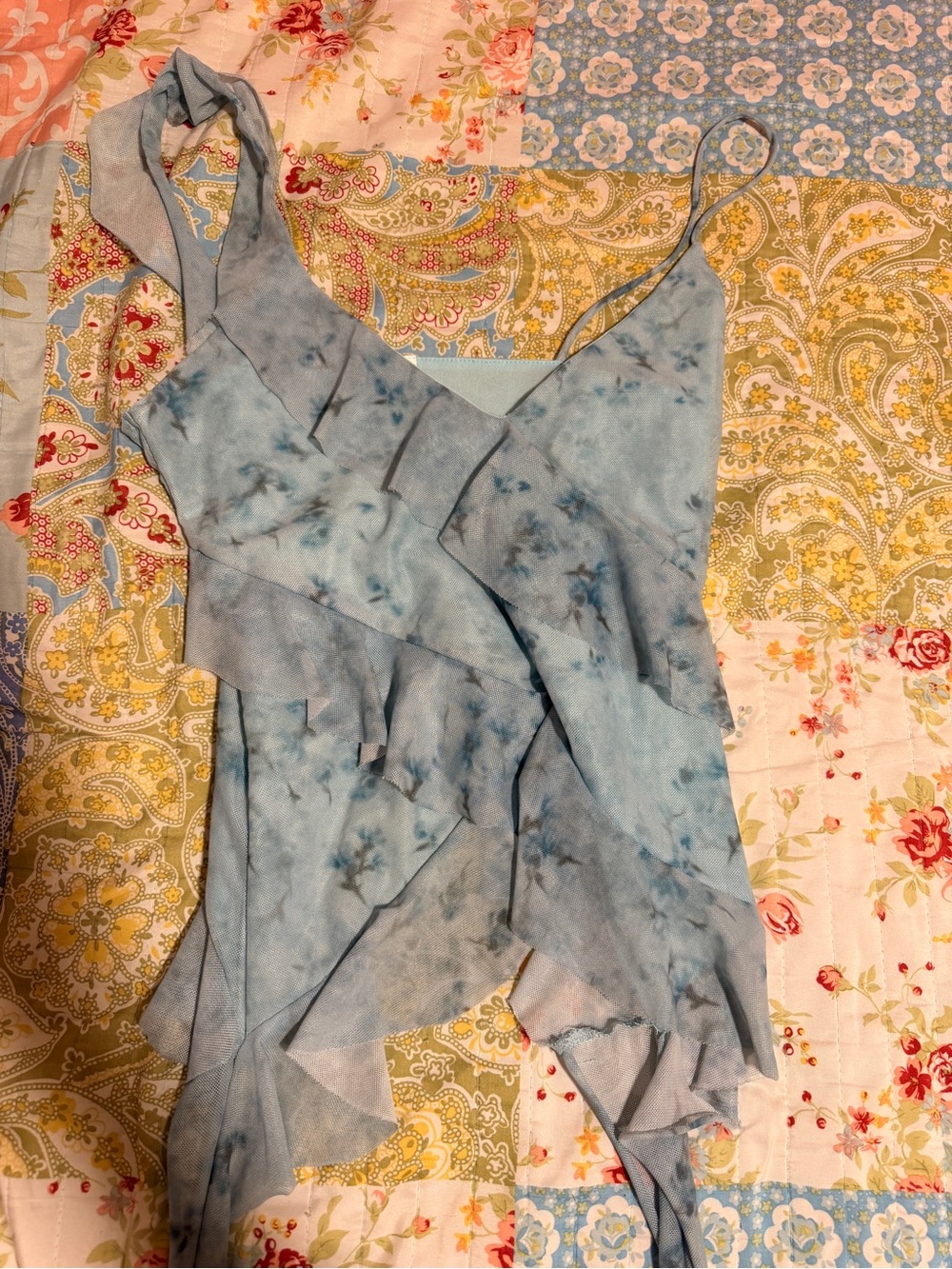 Summery Zara Larson Light Blue Tie-Dye Ruffle Camisole